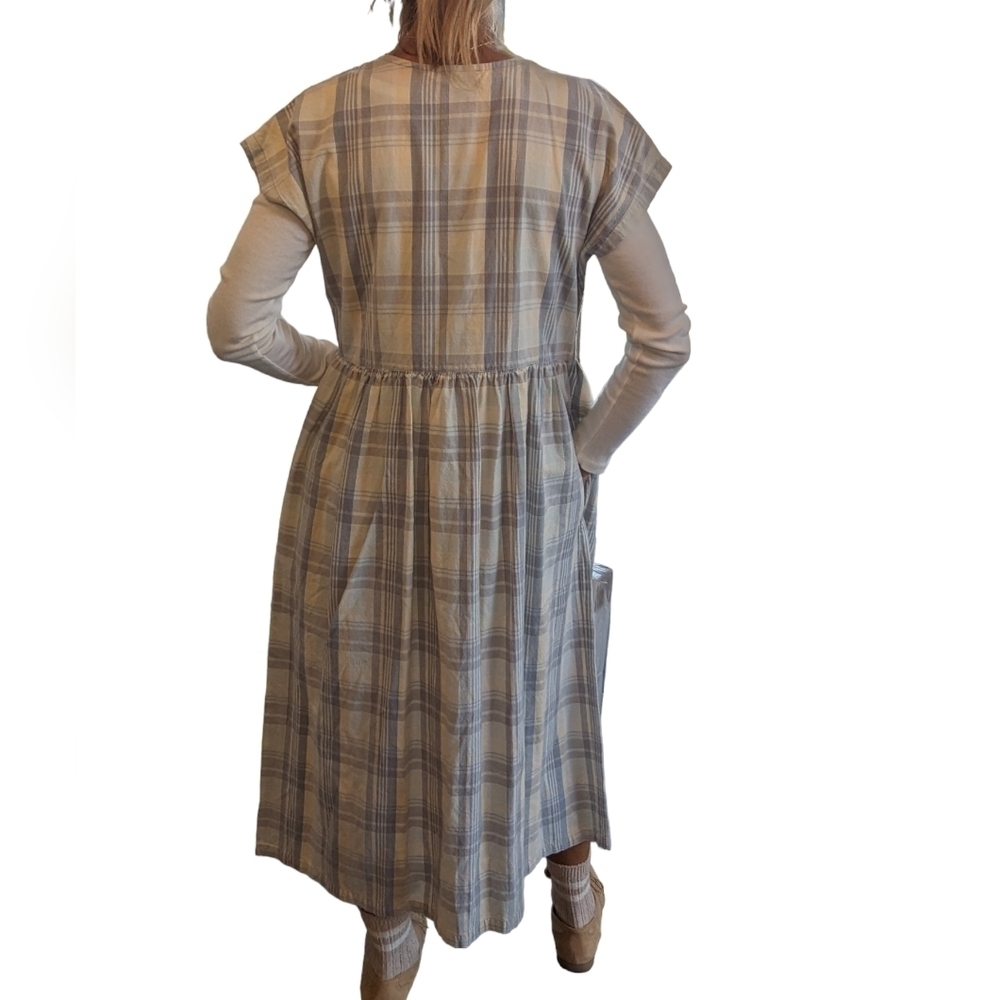 Vintage 90s Prairie Pinafore Cotton Plaid Embroidered Maxi Dress S - Picture 4 of 13